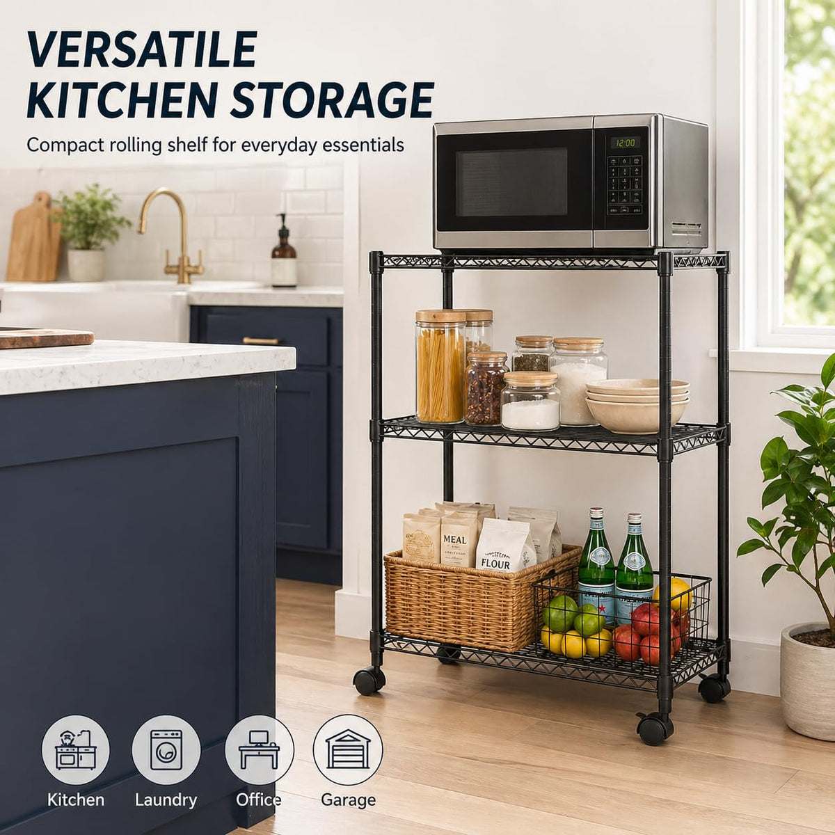 Simple Deluxe 3-Tier Heavy Duty Adjustable Storage Shelf with Wheels, 23.23”W x 13.39”D x 30.31”H