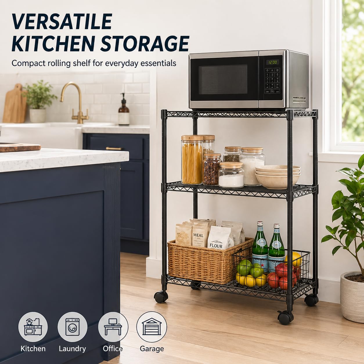 Simple Deluxe 3-Tier Heavy Duty Adjustable Storage Shelf with Wheels, 23.23”W x 13.39”D x 30.31”H