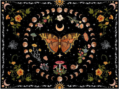 Aipon Orange Butterfly Moon Flower Tapestry Botanical Floral Plant Boho Tapestry for Bedroom
