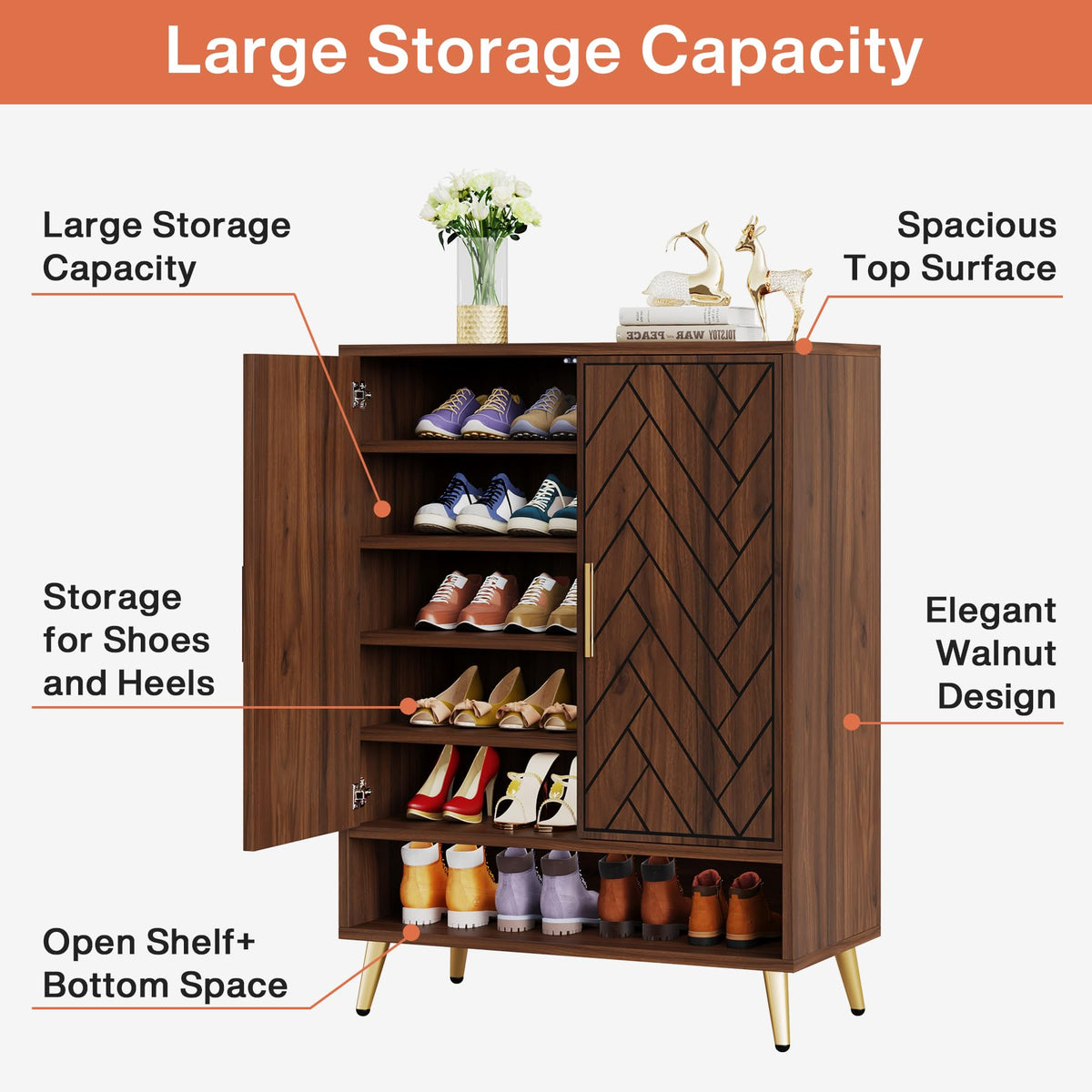 Tribesigns 6-Tier Shoe Cabinet with Doors, Wooden Shoe Storage Cabinet with Adjustable Shelves for