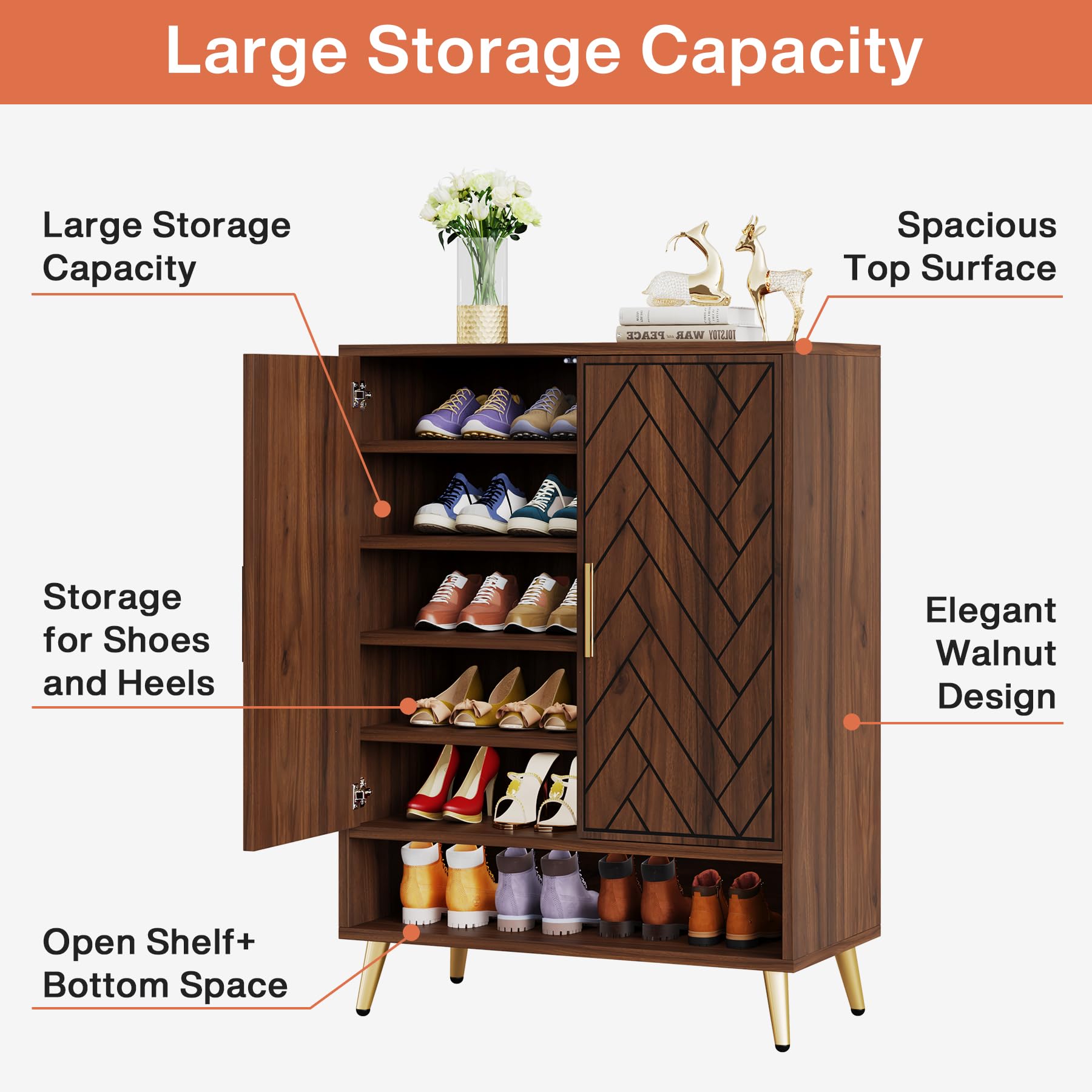Tribesigns 6-Tier Shoe Cabinet with Doors, Wooden Shoe Storage Cabinet with Adjustable Shelves for