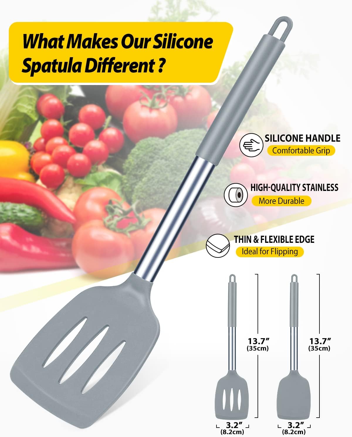 Pack of 2 Silicone Solid Turner, Non Stick Slotted Kitchen Spatulas, High Heat Resistant BPA Free