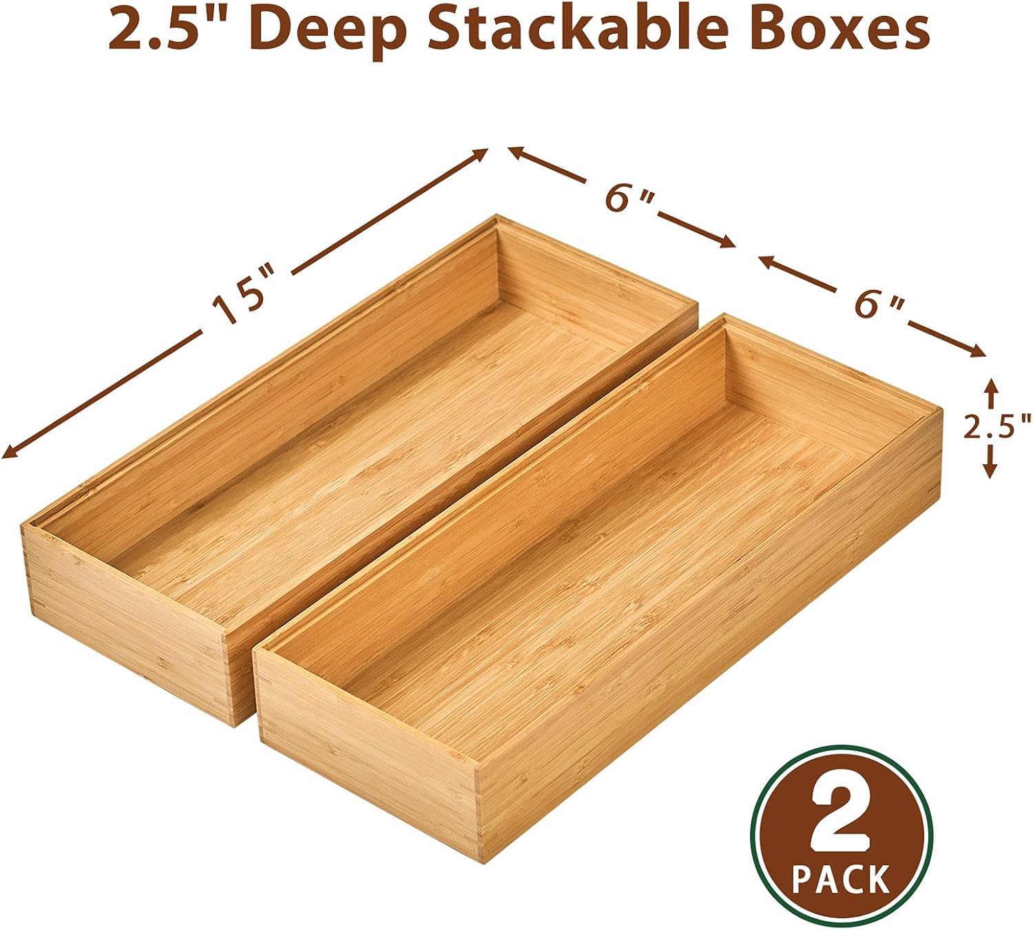 Umilife Bamboo Kitchen Drawer Organizer Boxes with Anti-Skid Silicone Feet, 2pcs Stackable Storage