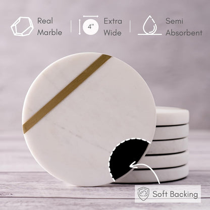 Cork & Mill Marble Coasters Set of 6 - Luxury Aesthetic Modern Decor for Coffee Table- White Marble