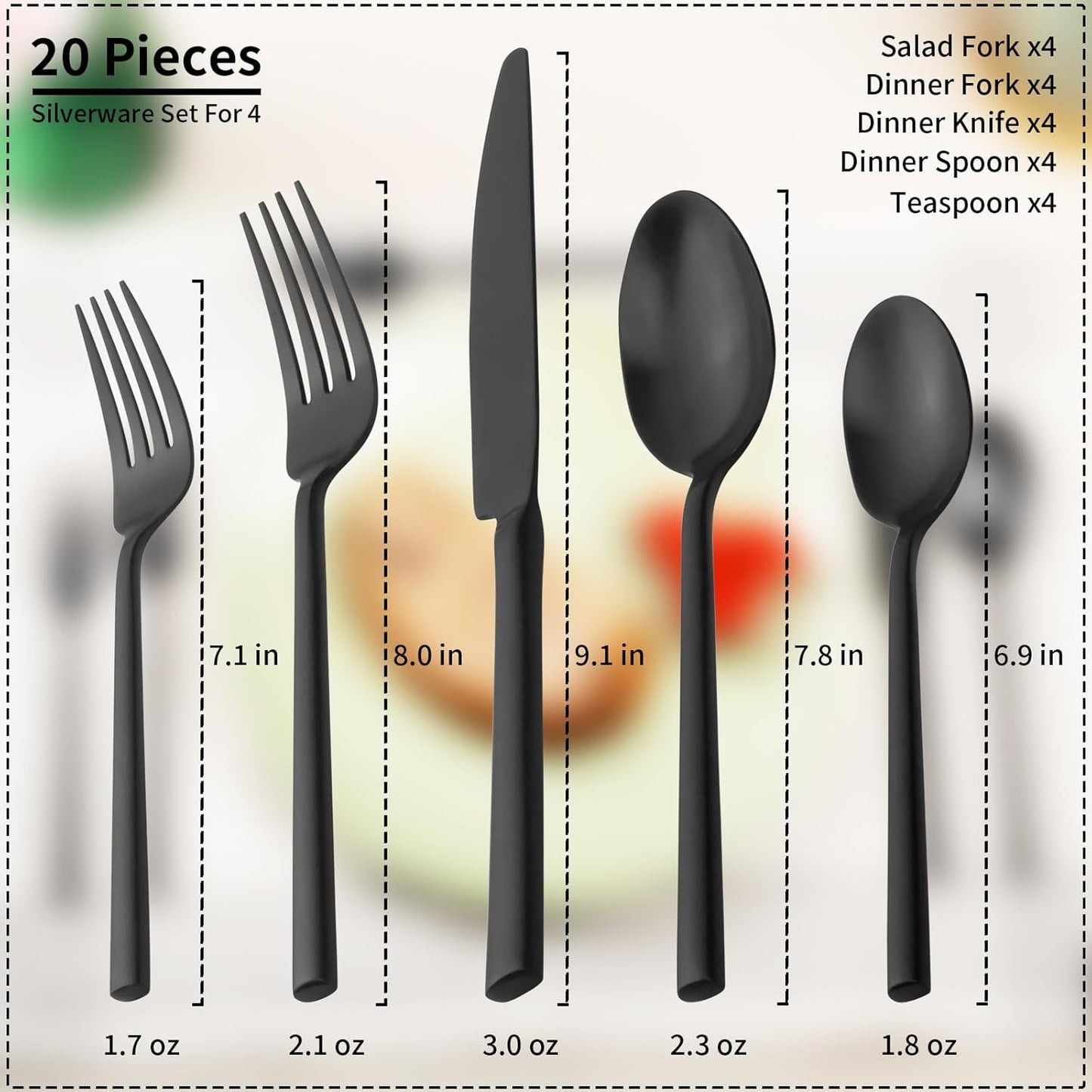 Alata Potter Black 20-Piece Forged Silverware Set, Service for 4 Stainless Steel Flatware Set