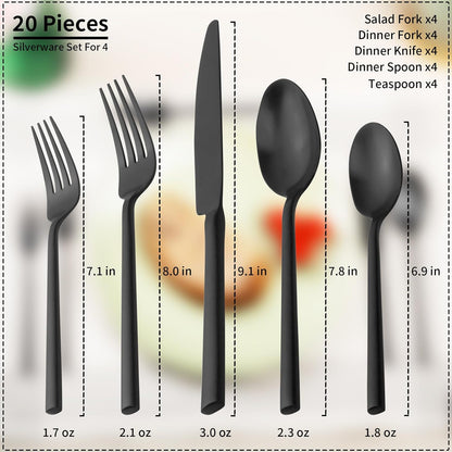 Alata Potter Black 20-Piece Forged Silverware Set, Service for 4 Stainless Steel Flatware Set