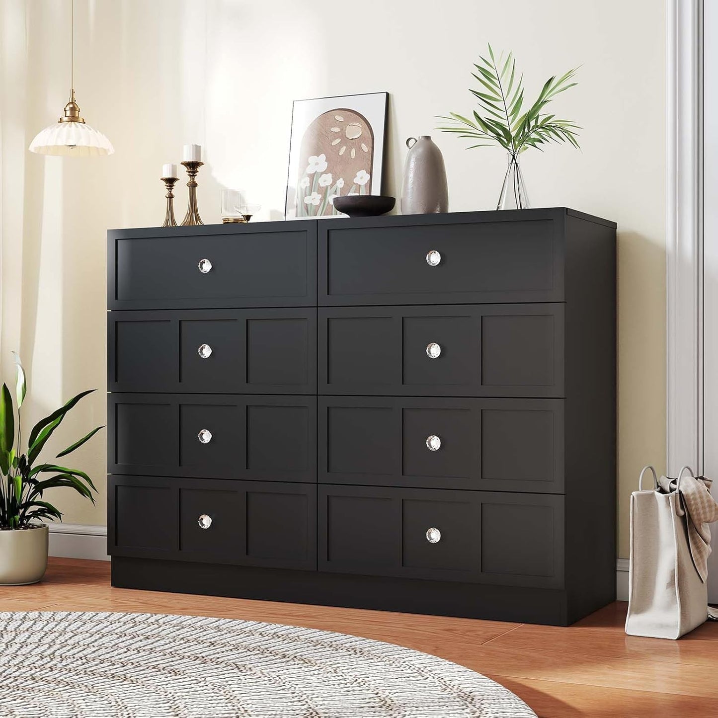 Wood Dresser for Bedroom 8 Drawer: 47" Black Chest of Drawers Wood, Modern Fluted Cabinet with