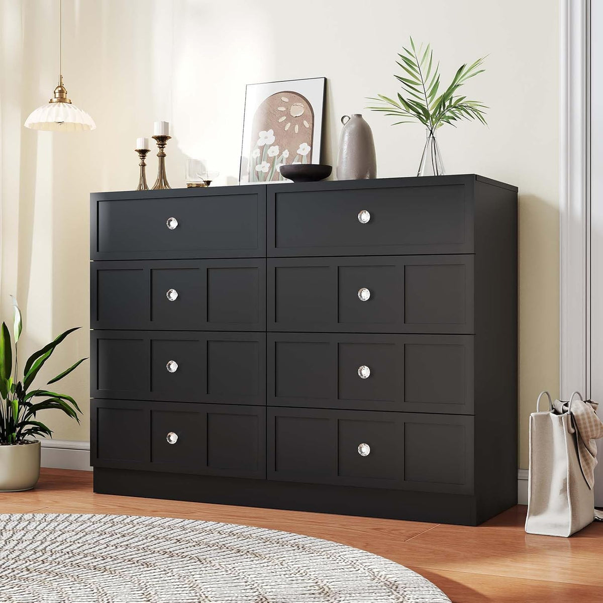Wood Dresser for Bedroom 8 Drawer: 47" Black Chest of Drawers Wood, Modern Fluted Cabinet with