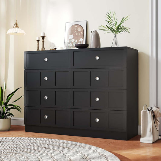 Wood Dresser for Bedroom 8 Drawer: 47" Black Chest of Drawers Wood, Modern Fluted Cabinet with
