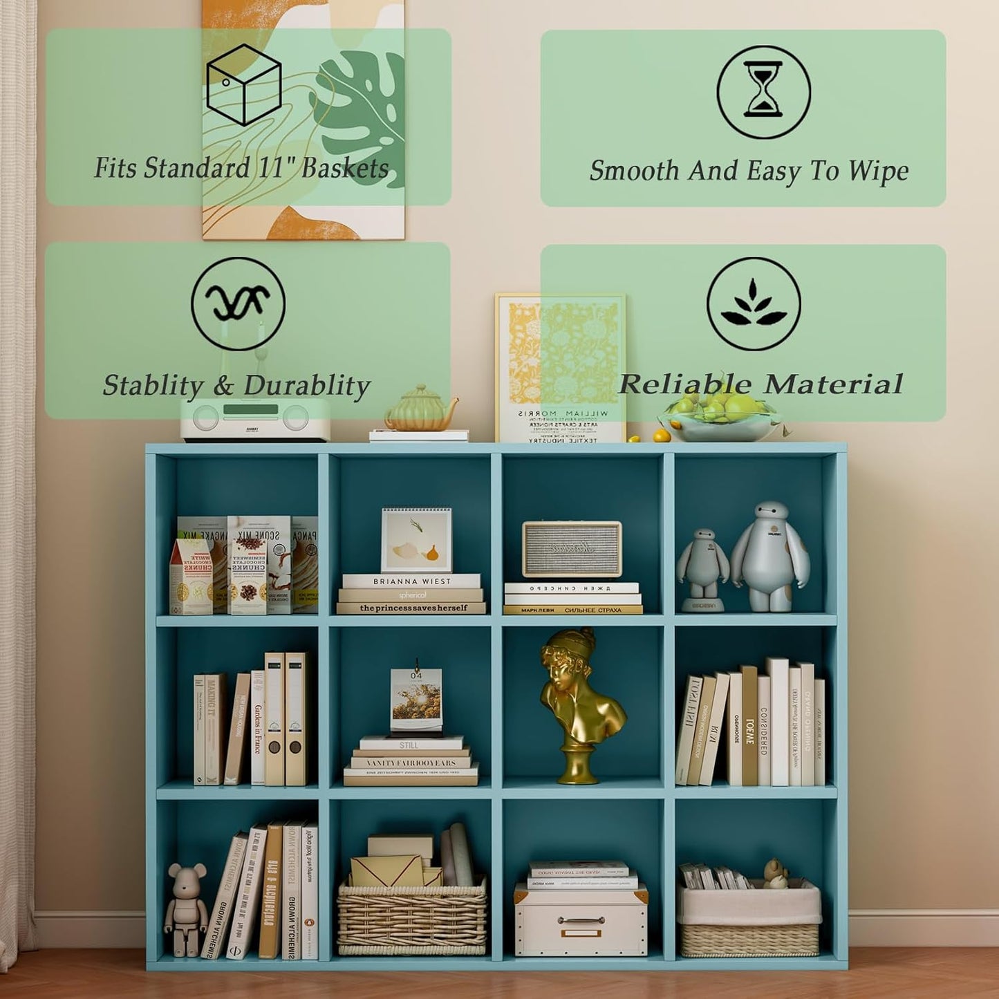 12-Cube Storage Shelf Bookcase - Wooden 3-Tier Floor Standing Open Bookshelf for Home and Office