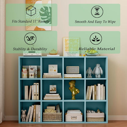 12-Cube Storage Shelf Bookcase - Wooden 3-Tier Floor Standing Open Bookshelf for Home and Office