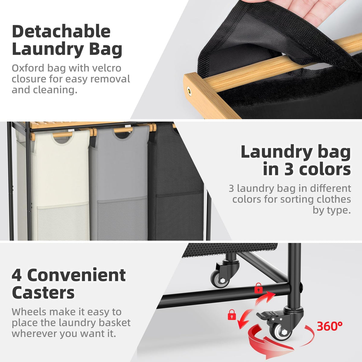 Laundry Hampers 3 Section, Laundry Sorter with Removable Shelf and Pull-Out Bags, Clothes Hampers