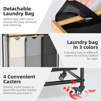 Laundry Hampers 3 Section, Laundry Sorter with Removable Shelf and Pull-Out Bags, Clothes Hampers