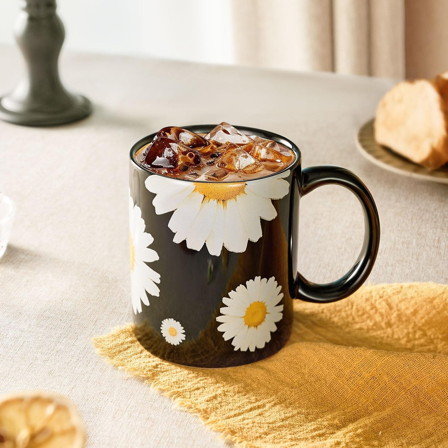 12Oz Daisy floral Black Ceramic Mug, Mug for Daily Coffee and Tea, Lead-free Microwave and