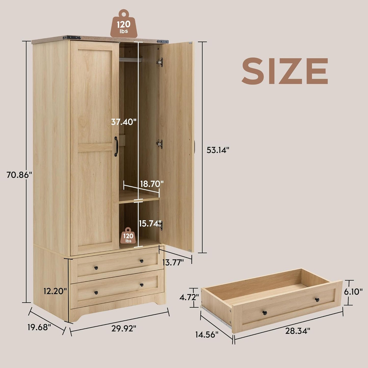Brafab Armoire Wardrobe Closet with 2 Modern Doors Set of 2, 71" Tall Freestanding Closet Wardrobe