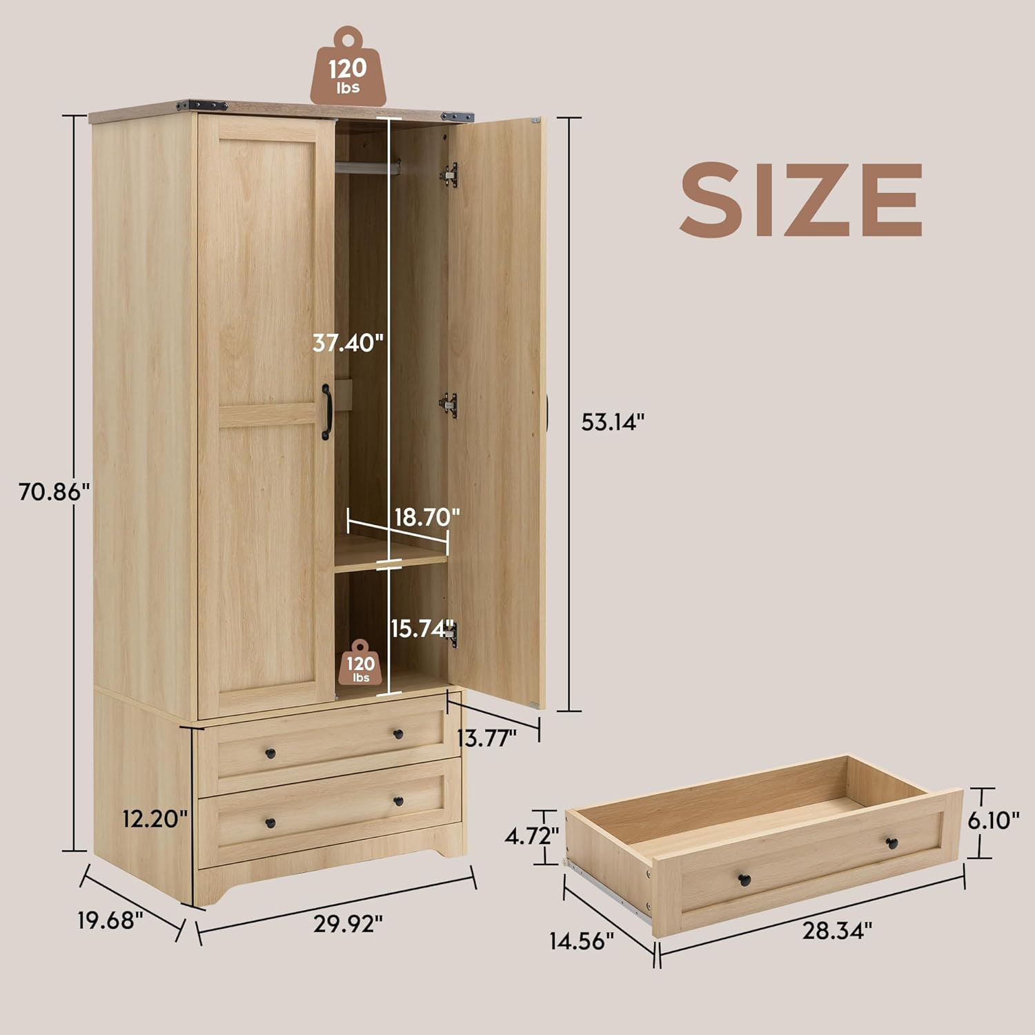Brafab Armoire Wardrobe Closet with 2 Modern Doors Set of 2, 71" Tall Freestanding Closet Wardrobe