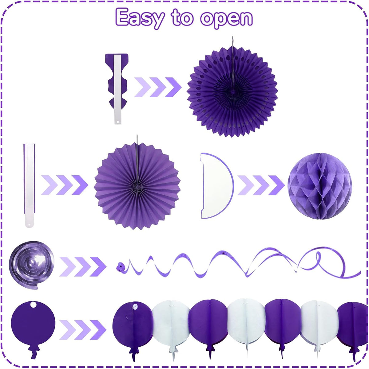 Purple Party Decorations, Birthday Party Supplies Easy Assembly Paper Fan Honeycomb Ball Garland