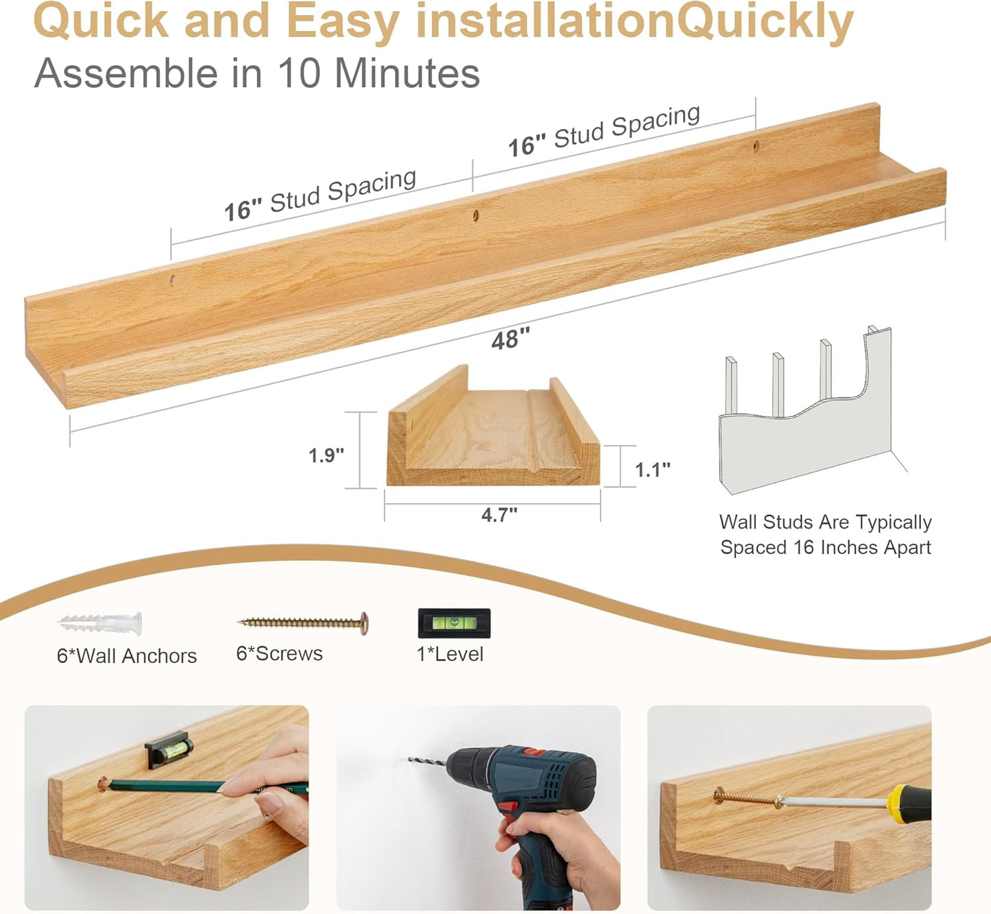 Floating Picture Ledge Shelves 48 Inch Solid Oak Wood Set of 2, Rustic Wall Storage Shelves with