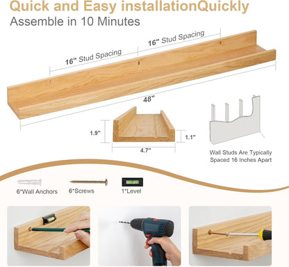 Floating Picture Ledge Shelves 48 Inch Solid Oak Wood Set of 2, Rustic Wall Storage Shelves with
