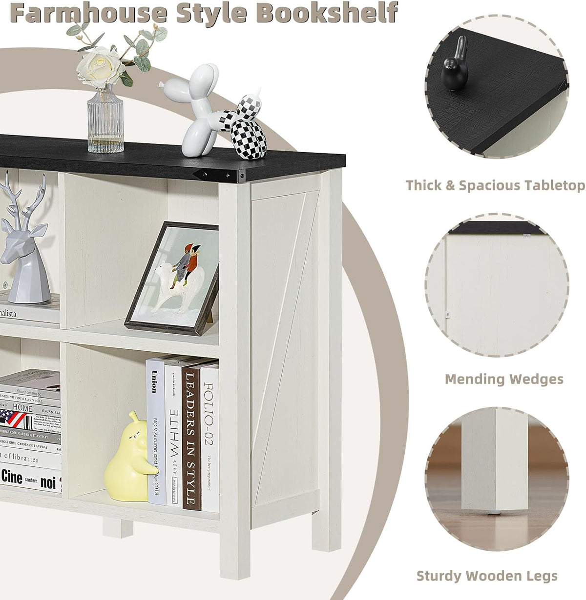 8 Cube Book Shelf, Farmhouse Wood Long Storage Organizer Bookcase, 62" Horizontal Antique White &