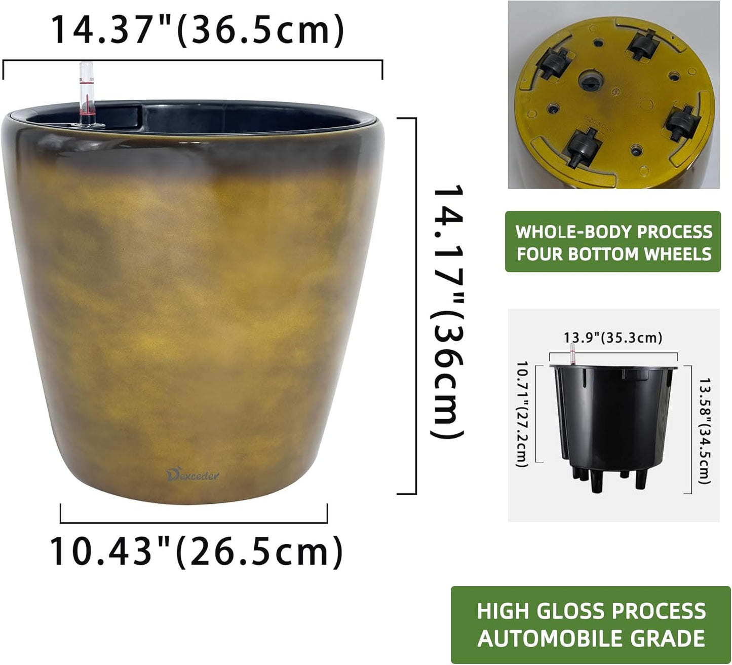 Dexceder 15x14 Self Watering Planter with Wheels Indoor Outdoor, Inner Pot Design, Thickened Large