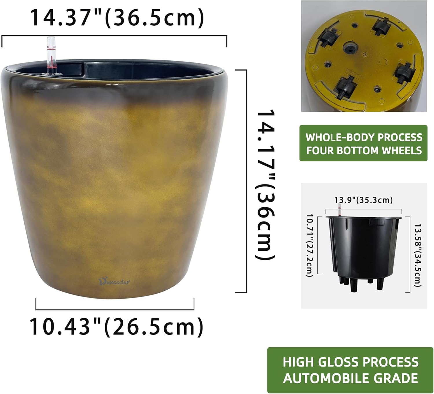 Dexceder 15x14 Self Watering Planter with Wheels Indoor Outdoor, Inner Pot Design, Thickened Large
