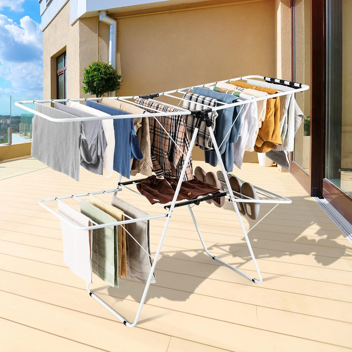 COSTWAY Clothes Drying Rack, Foldable 2-Level Laundry Drying Rack w/Height-Adjustable Wings, 33