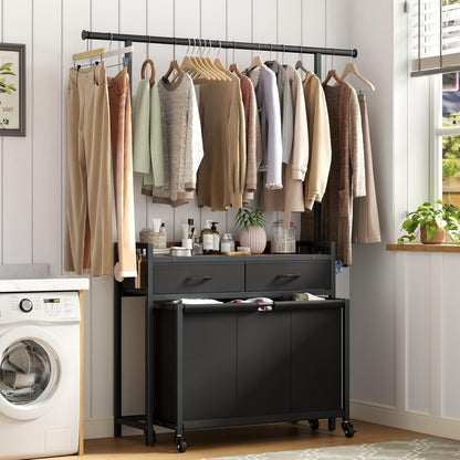 Laundry Sorter Hamper with Hanging Cloth Rack, Laundry Basket with 3 Section Pull-Out Rolling Bags