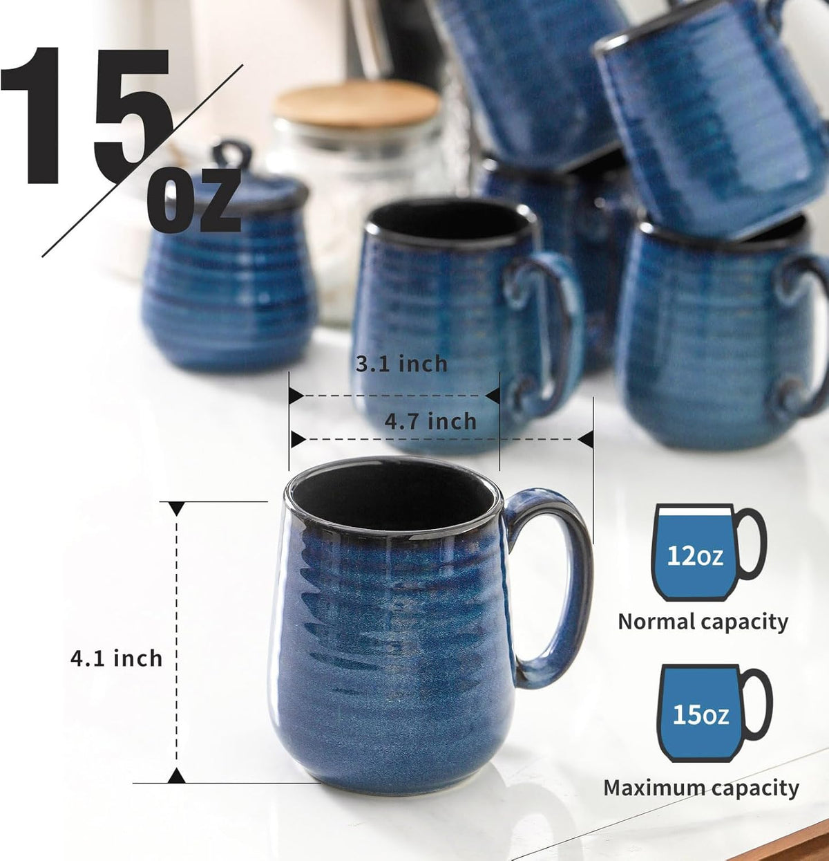 Hasense Coffee Mugs Set of 6, 12 Ounce Coffee Cups Set with Handle, Ceramic Tea Mugs for Kitchen