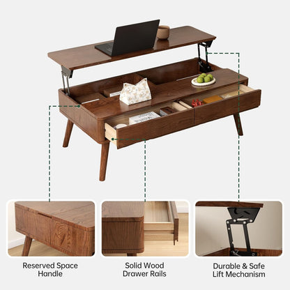 100% Solid Wood Lift Top Coffee Table for Living Room, Mid Century Modern Tables with Drawers and