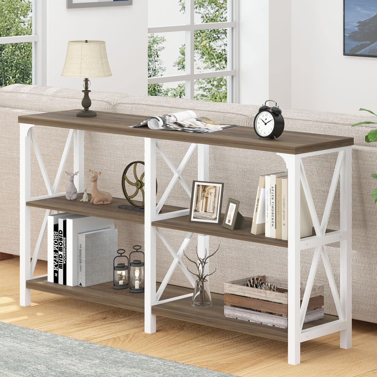 LVB Farmhouse Entryway Table, Industrial Wood Sofa Table with Storage Shelf, Modern Console Tables