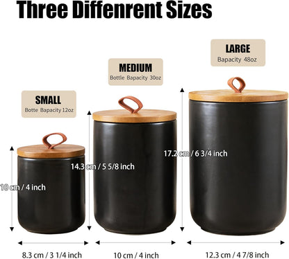Black Canister Sets for Kitchen, 3pcs Ceramic Canisters with Airtight Wooden Lid, Food Storage Jar