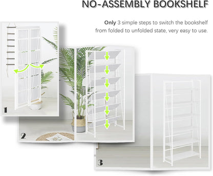 4NM No Assembly Foldable Bookshelf, 6-Shelf Collapsible Bookcase Storage for Small Spaces, 74" H