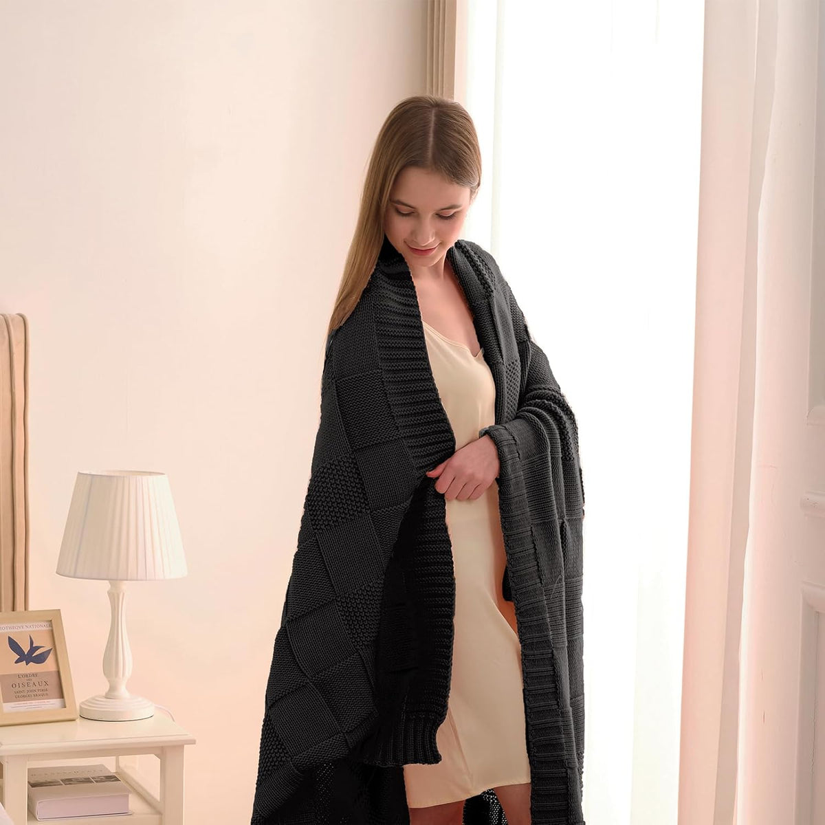 CozeCube Check Knit Throw Blanket, Jet Black Checkered Throw for Couch, Decorative Christmas Soft