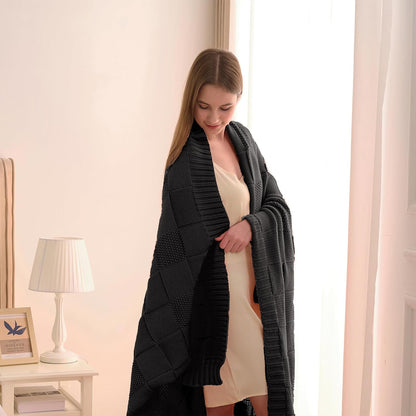 CozeCube Check Knit Throw Blanket, Jet Black Checkered Throw for Couch, Decorative Christmas Soft
