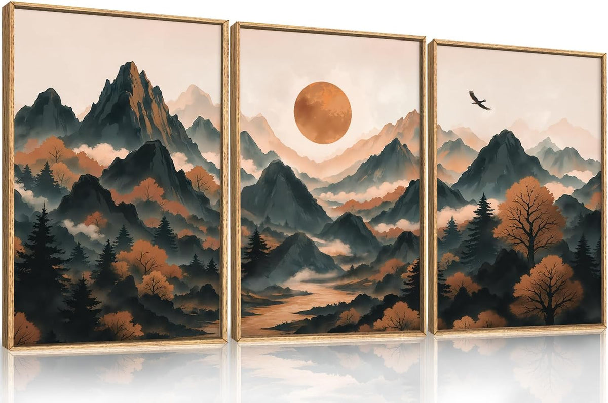 Celestdeco Large Boho Mountain Framed Canvas Wall Art Set, Brown Ridge Landscape Wall Decor, Pine