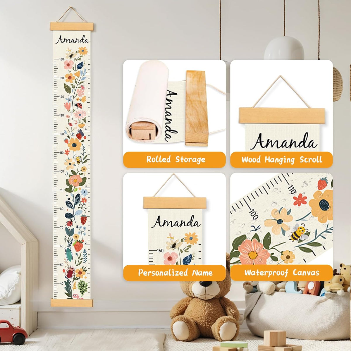 Personalized Name Growth Chart Wall Decor for Kids – Canvas Removable Height Chart Measuring Ruler