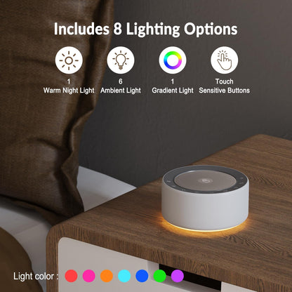 Kipcush White Noise Sound Machine with Nursery Lamp, Mood Lighting, 7 Colour Night Light, 30