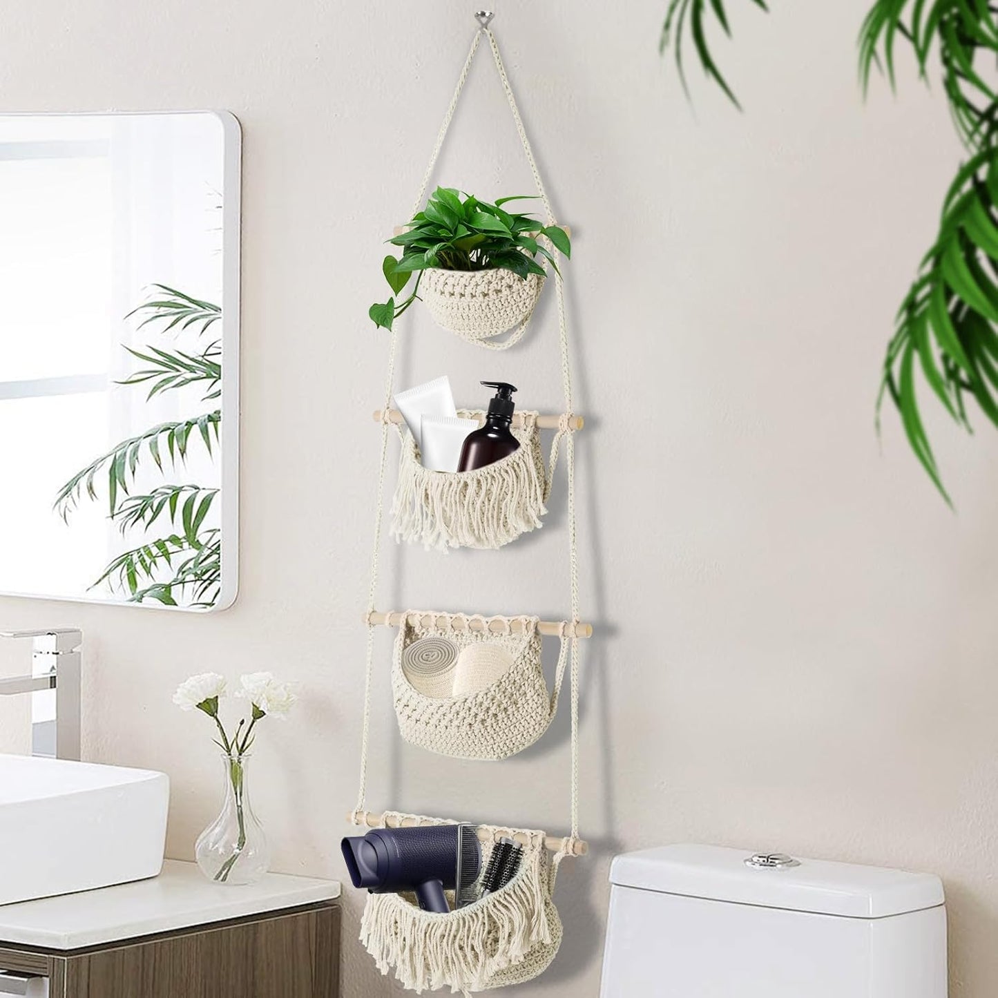 4 Tier Hanging Fruit Basket for Kitchen, Beige Boho Cotton Rope Crocheted Fruit Holder for Bathroom