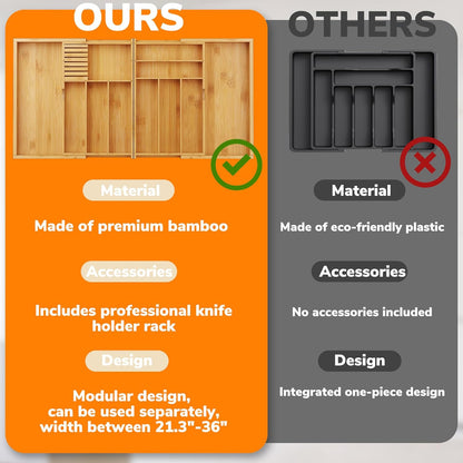 BAMEOS Expandable Silverware Drawer Organizer with Removable Knife Blocks, Bamboo Kitchen Utensil