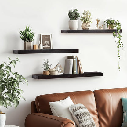 Floating Wall Shelves 3-Pack - 24-Inch Rustic Black Wooden Shelves for Storage and Décor, Easy