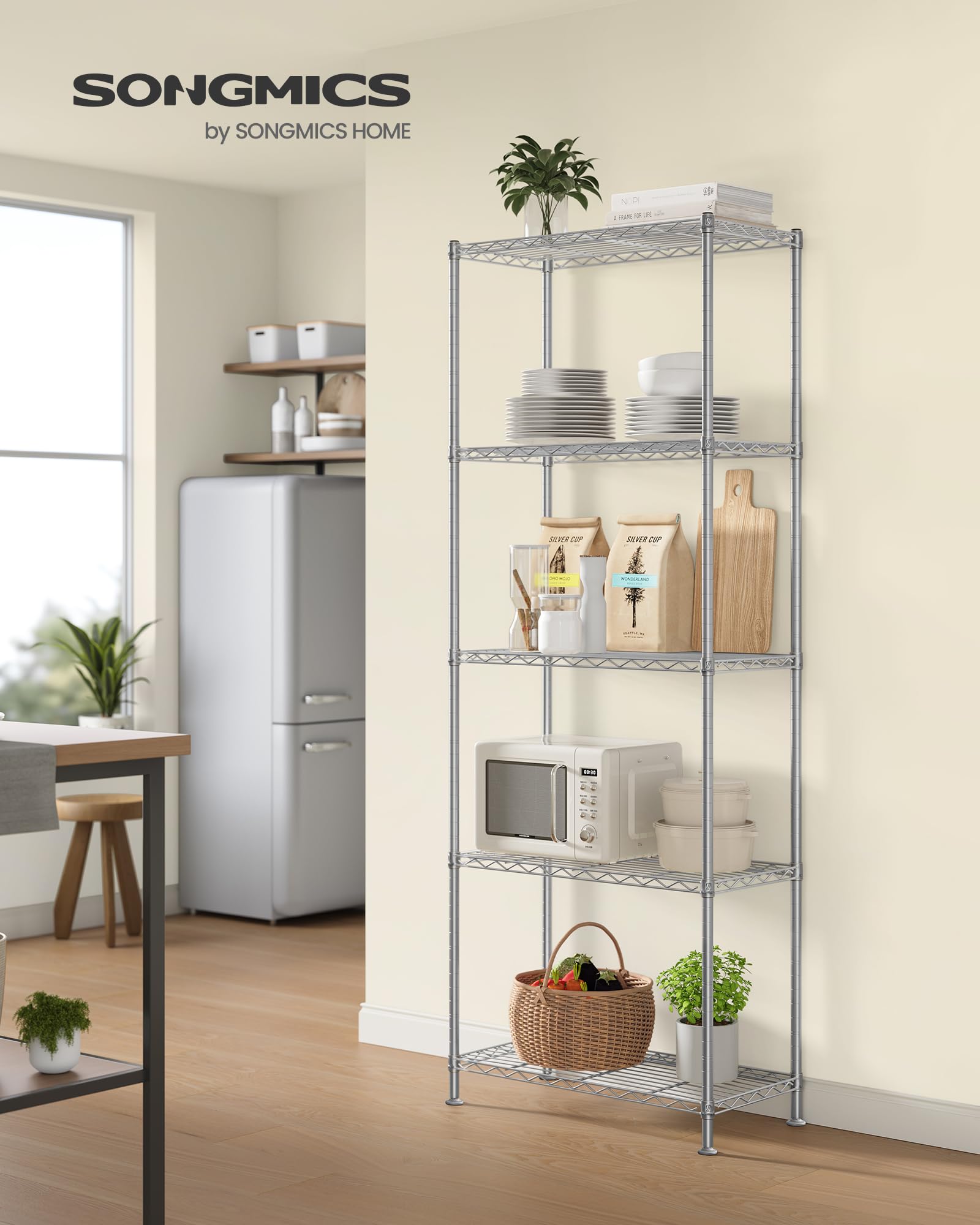 SONGMICS Storage Shelf, Metal Wire Shelving Unit, Adjustable Shelves, for Garage, Bedroom, Living