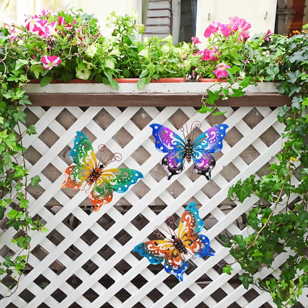 3 Pack Metal Butterfly Wall Decor, Colorful Metal Butterfly Outdoor Wall Art, Hand-Made Outdoor