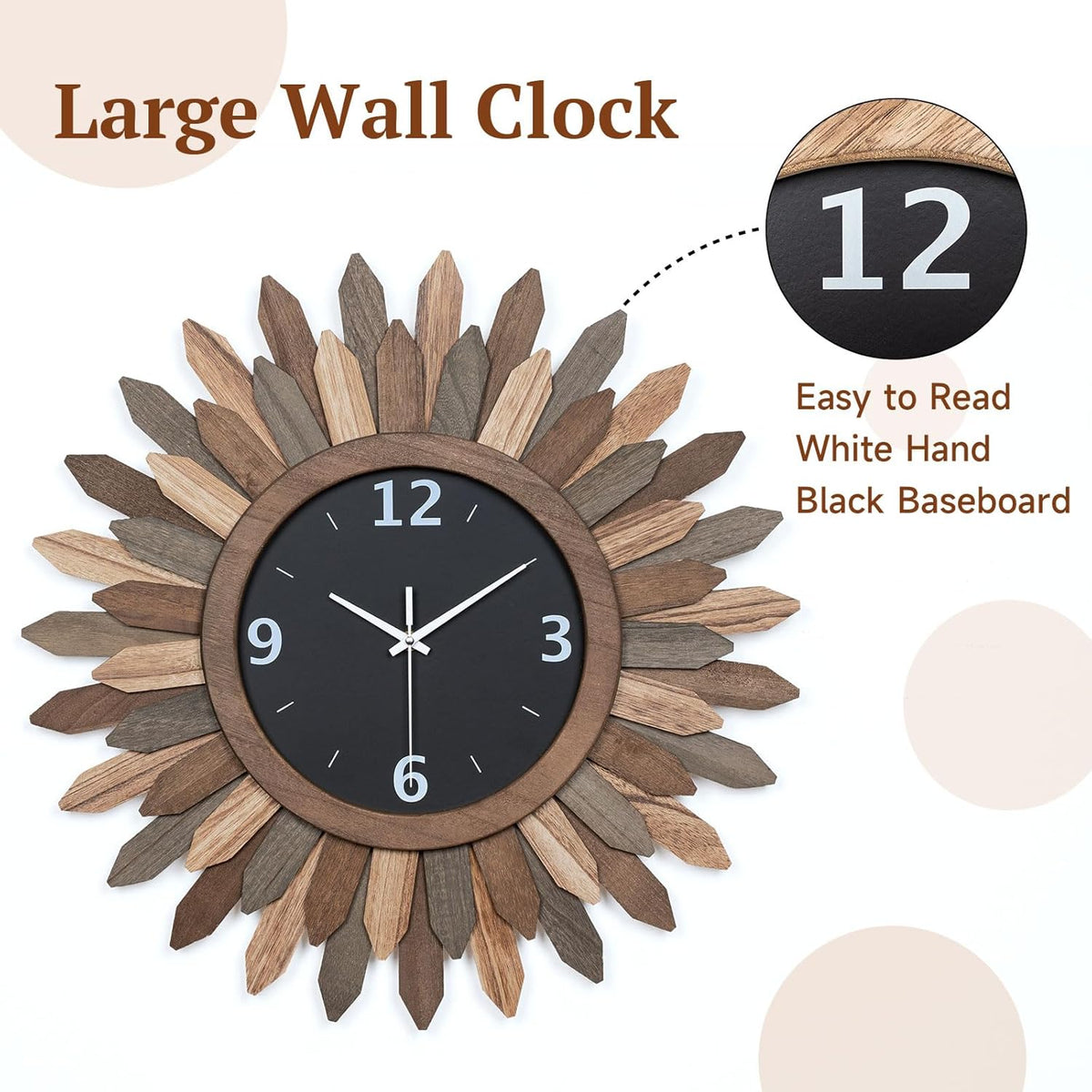 Honiway 16 Inch Wall Clocks, Rustic Wood Boho Sunburst Decorative Wall Clock Battery Operated