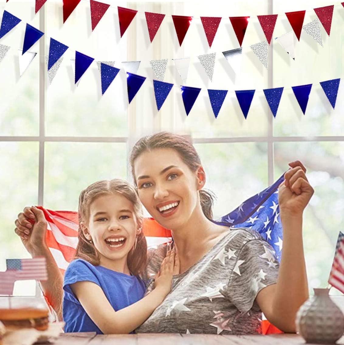 30 Ft Red Silver Blue Triangle Pennant Banner Bunting Hanging Paper Flag Garland for 4th of July