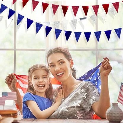 30 Ft Red Silver Blue Triangle Pennant Banner Bunting Hanging Paper Flag Garland for 4th of July