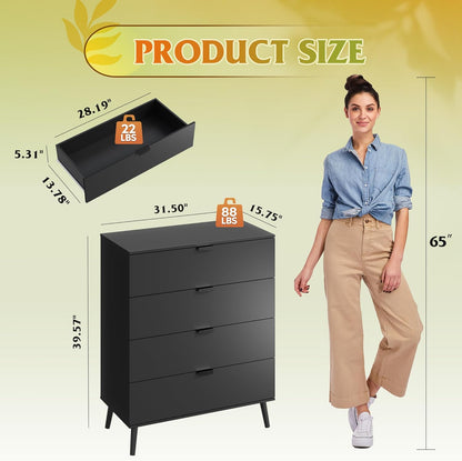 WLIVE 4 Drawer Dresser for Bedroom, Tall Wood Dresser, Modern Black Dressers with Sturdy Metal