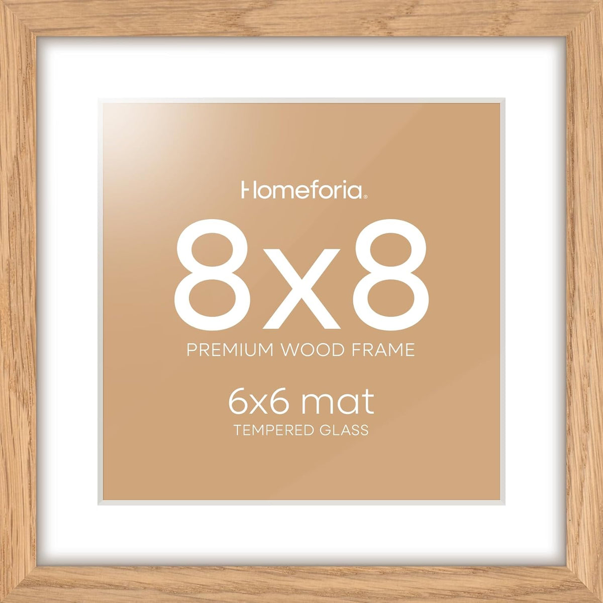 Homeforia 8x8 Picture Frames Wood, High-End Natural Oak 8 x 8 Square Frames with Mat 6 by 6 inch