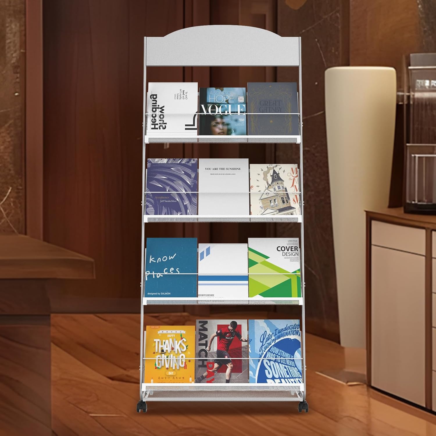 Floor-Standing Magazine Rack 4-Layer with Wheels, Semi-arched top Brochure Display Stand