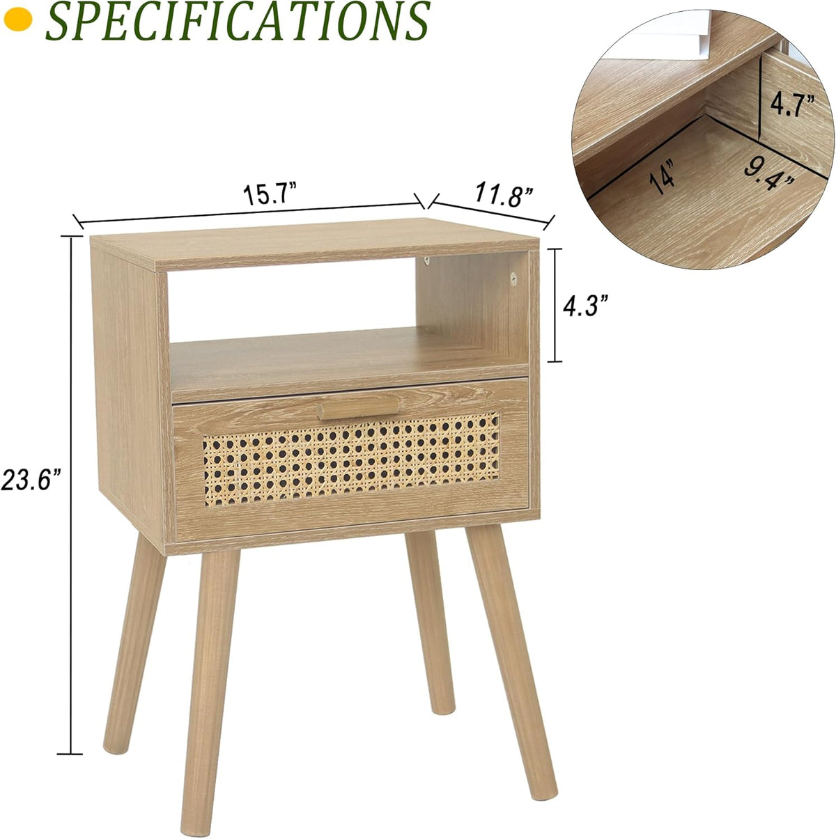 MaxSmeo Rattan Nightstand with Drawer, Mid Century Modern Wood Bedside Table for Living Room